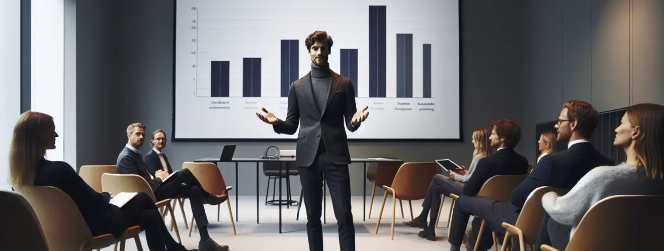 Confident speaker delivering clear structured presentation to colleagues in norway