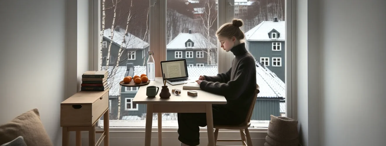 Norwegian student calmly studying at a tidy desk on a winter morning
