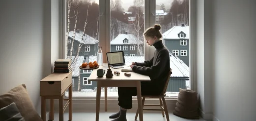 Norwegian student calmly studying at a tidy desk on a winter morning