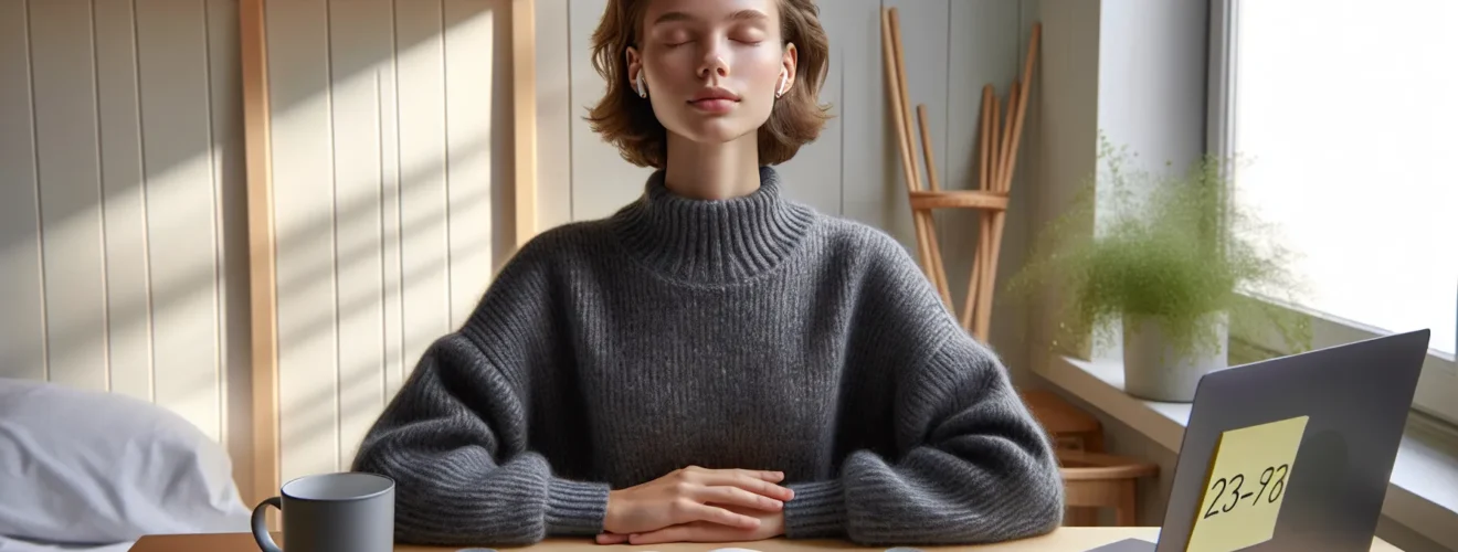 Norwegian student doing mindful breathing by a sunlit window before exams