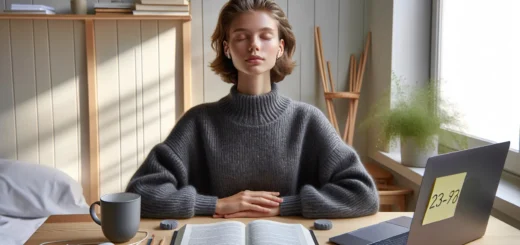 Norwegian student doing mindful breathing by a sunlit window before exams
