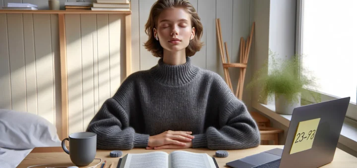 Norwegian student doing mindful breathing by a sunlit window before exams
