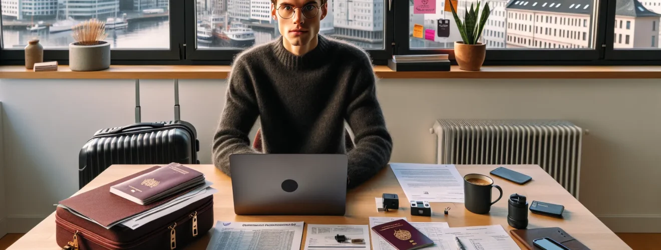 Norwegian student organizing documents and packing suitcase to study abroad