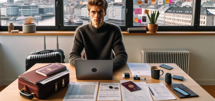 Norwegian student organizing documents and packing suitcase to study abroad