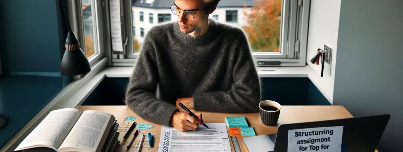 Norwegian student outlining an assignment using rubric and highlighted criteria