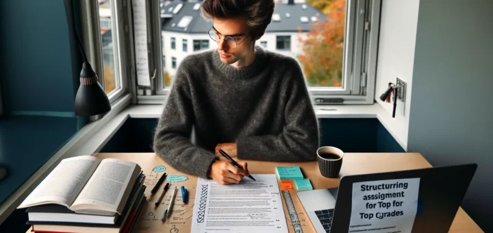 Norwegian student outlining an assignment using rubric and highlighted criteria