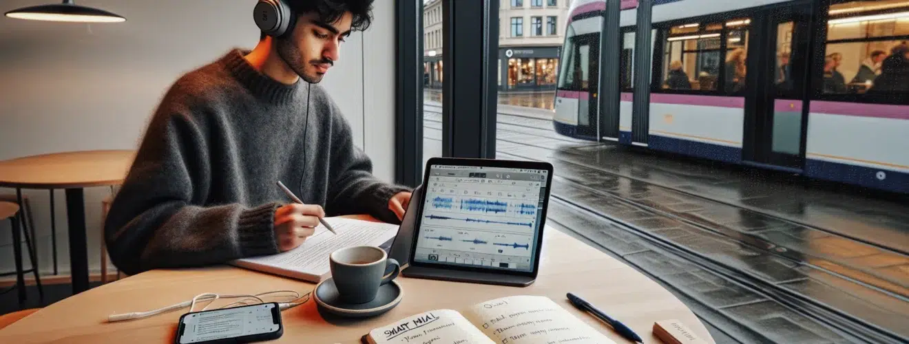 Norwegian student practices language with apps notes and headphones in oslo