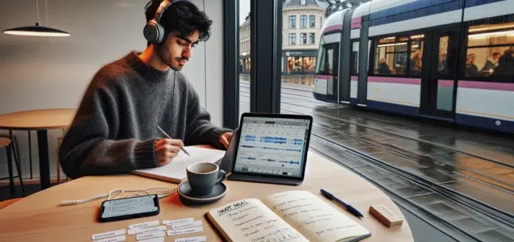 Norwegian student practices language with apps notes and headphones in oslo