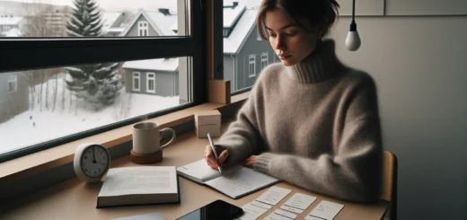 Norwegian student practicing spaced repetition with flashcards and planner at a sunlit desk
