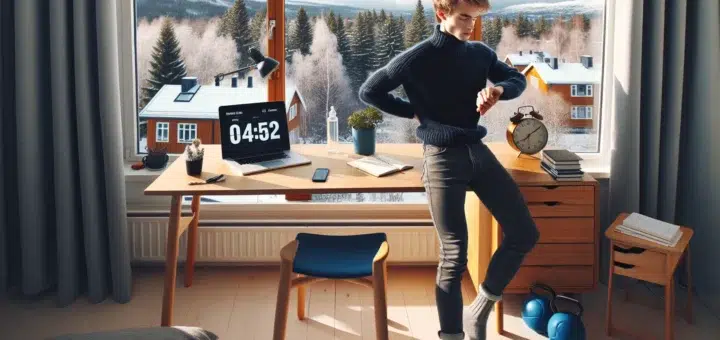 Norwegian student stretches by a study desk during a short winter break