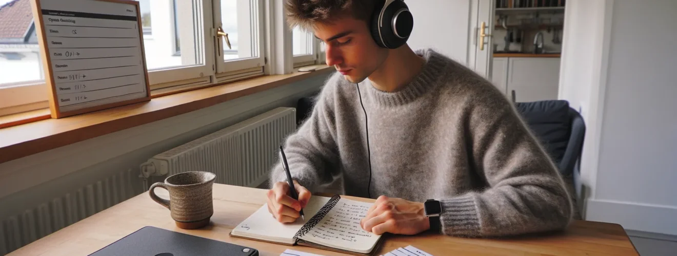 Norwegian student using a podcast to study with notes and flashcards