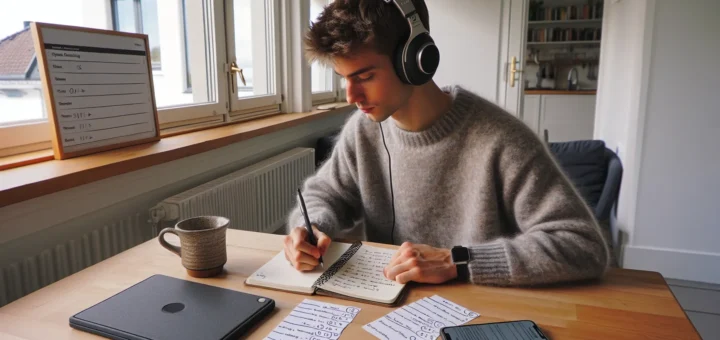 Norwegian student using a podcast to study with notes and flashcards