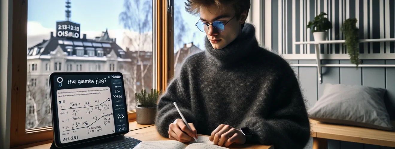 Norwegian student using digital tools and notes to improve study results