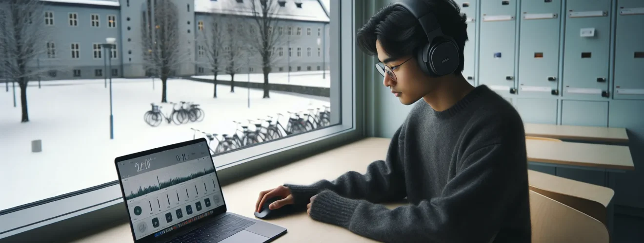 Norwegian student using focus apps to study in a quiet winter library