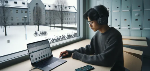 Norwegian student using focus apps to study in a quiet winter library