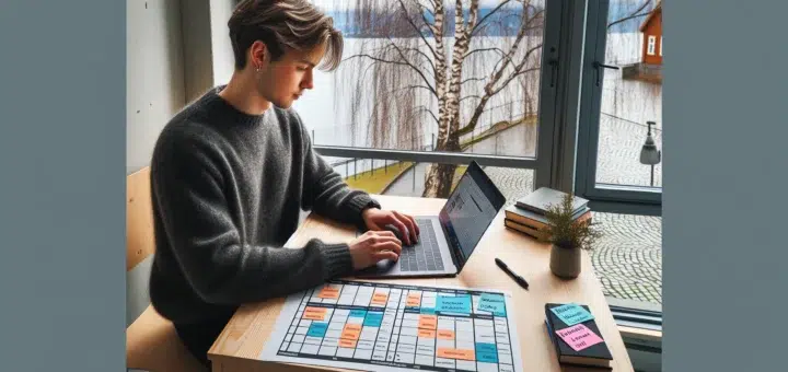 Student builds a color coded norwegian exam calendar at a bright desk