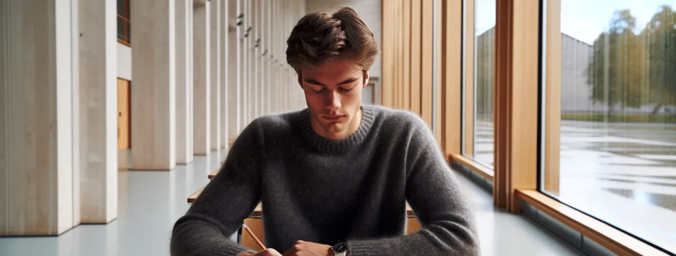 Student visualizes calm before a norwegian exam in a bright wooden hall