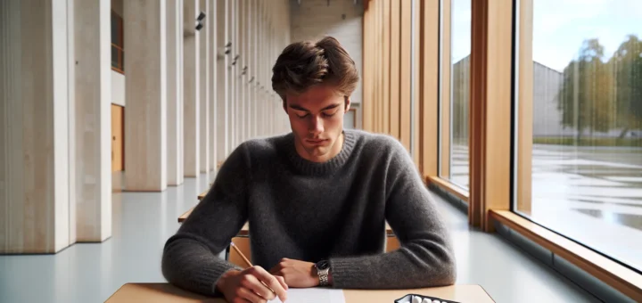 Student visualizes calm before a norwegian exam in a bright wooden hall