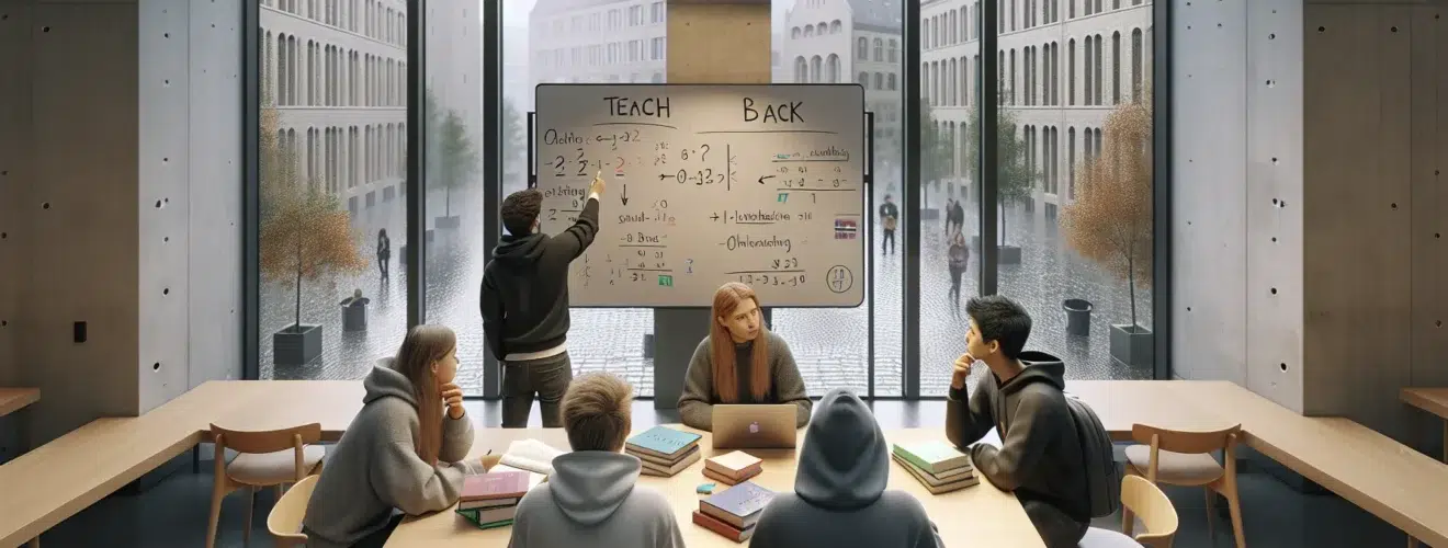 Four students in a norwegian library study room collaborating around notes and a whiteboard
