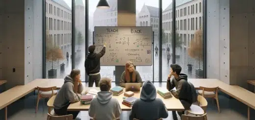 Four students in a norwegian library study room collaborating around notes and a whiteboard