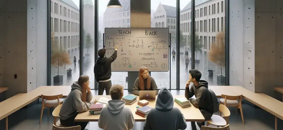 Four students in a norwegian library study room collaborating around notes and a whiteboard