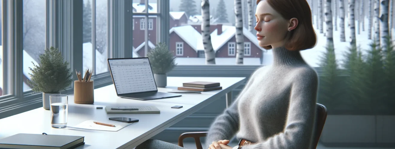 Office worker in norway practicing calm visualization and breathing before a meeting