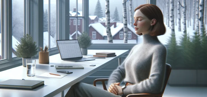 Office worker in norway practicing calm visualization and breathing before a meeting