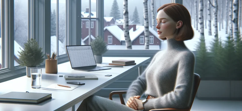 Office worker in norway practicing calm visualization and breathing before a meeting