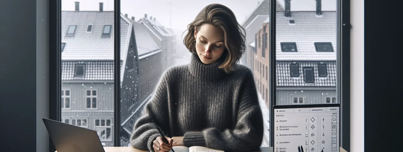 Person organizing structured notes in a norwegian office meeting room