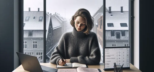 Person organizing structured notes in a norwegian office meeting room