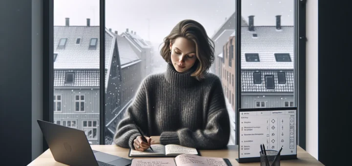 Person organizing structured notes in a norwegian office meeting room