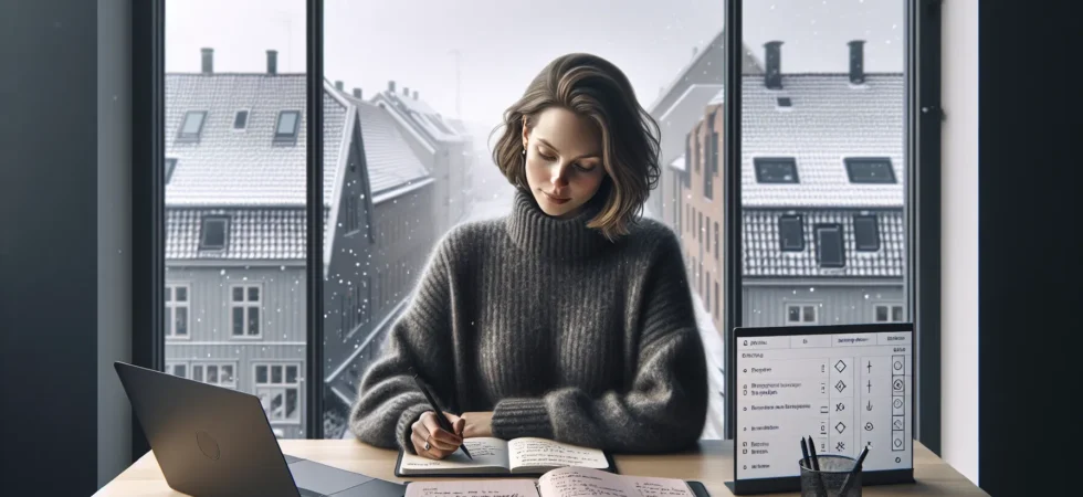 Person organizing structured notes in a norwegian office meeting room