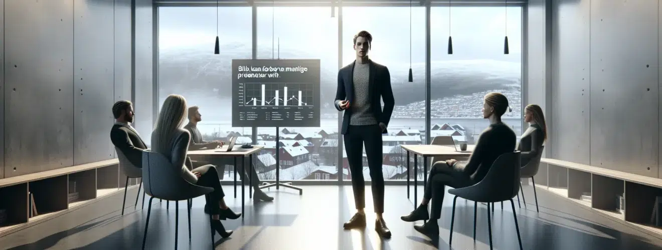 Presenter in a norwegian meeting room giving a clear structured business presentation