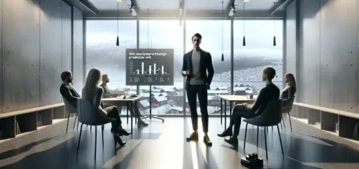 Presenter in a norwegian meeting room giving a clear structured business presentation