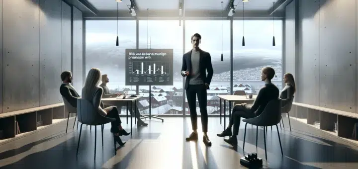 Presenter in a norwegian meeting room giving a clear structured business presentation
