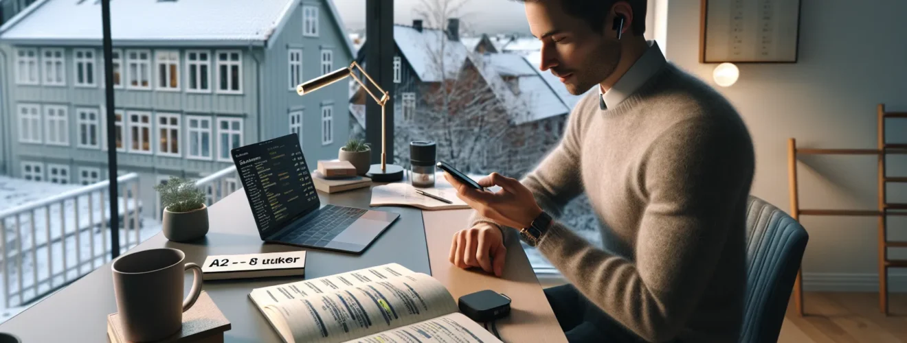 Professional in a norwegian office using flashcards and notes to learn a language