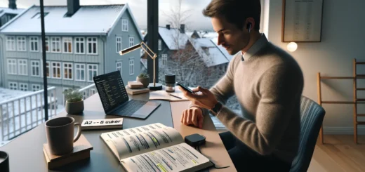 Professional in a norwegian office using flashcards and notes to learn a language