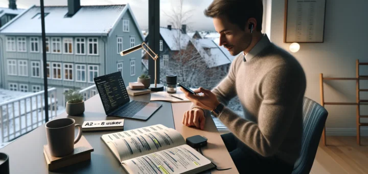 Professional in a norwegian office using flashcards and notes to learn a language