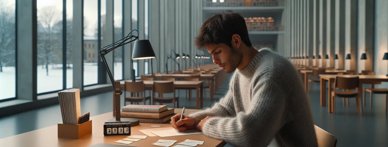 Student in a norwegian library using flashcards and a blank sheet to study