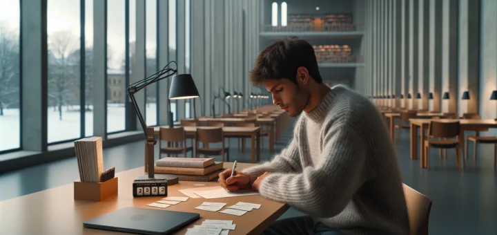 Student in a norwegian library using flashcards and a blank sheet to study