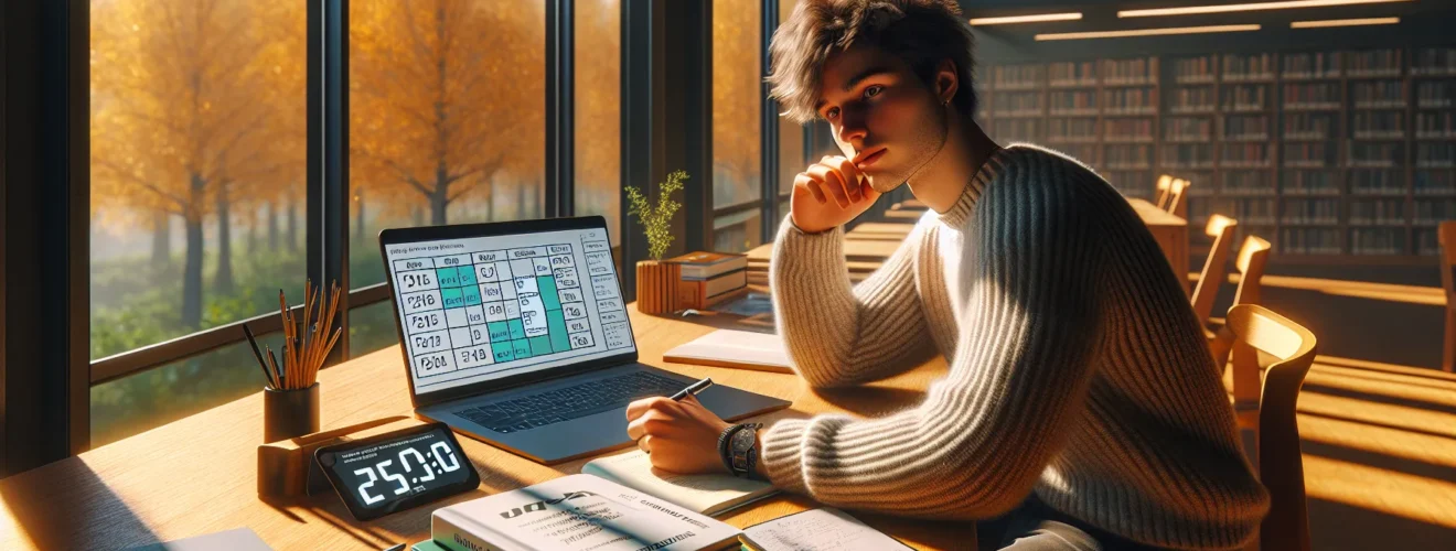 Student using flashcards and a time blocked plan in a norwegian library